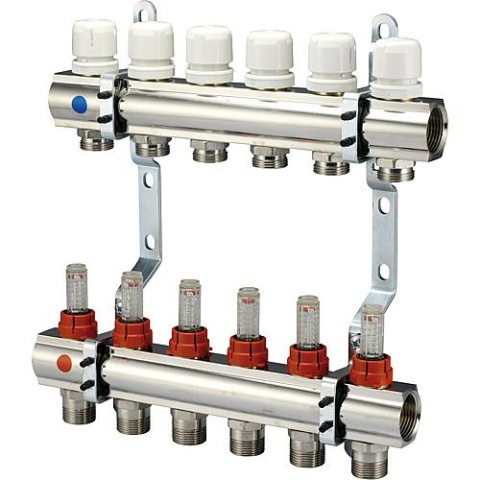 Evenes verwarmingscircuitverdeler type M6.2, DN25(1"") messing, 2 verwarmingscircuits, met debietmeter NIEUW
