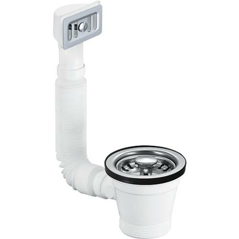 Flush set with flexible overflow, 11/2x 70 mm, strainer insert, stainless steel, rectangular overflow. Overflow NEW