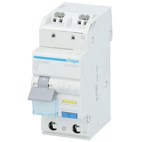 Hager aardlekschakelaar 1p+N,type A,C16A,30mA,6 kA, ADS966D,QuickConnect NIEUW