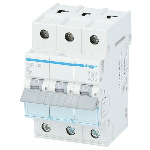 Hager leidingbeveiligingsschakelaar 3p, B10A, 6kA, MBN310 NIEUW