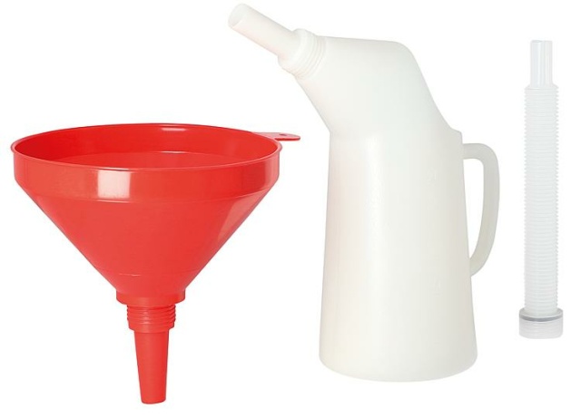 Juego de llenado y decantación Reilang con vaso medidor, embudo D: 200 mm y manguera de descarga NUEVO