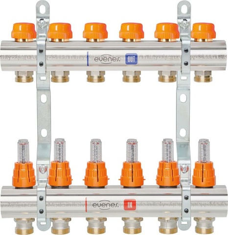 Evenes heating circuit manifold M 6.9 Dynamic, DN25 (1"") brass, 9 heating circuits with flow meter NEW