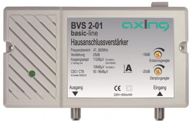 AXING Hausanschlussverstärker BVS 2-01 25dB,98dB,47-862MHz,einstellbar NEU