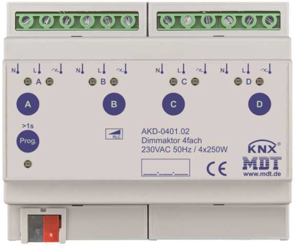 MDT AKD-0401.02 Siłownik ściemniający 4gang 8TE REG 250W 230VAC z aktywnym pomiarem mocy NOWOŚĆ