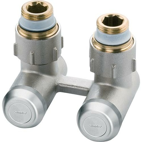 Simplex Zweirohr-Hahnblock EV-A Eck vernickelt 15 mm mit Nippel 3/4x1/2AG F13424 NEU